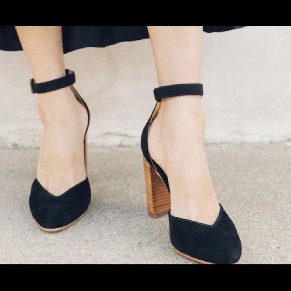 Elegant Suede Black Ankle Strap Heels